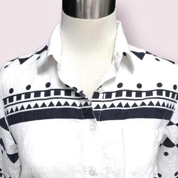 J Crew Linen Popover Top Button Up Aztec Print White - Picture 2 of 5